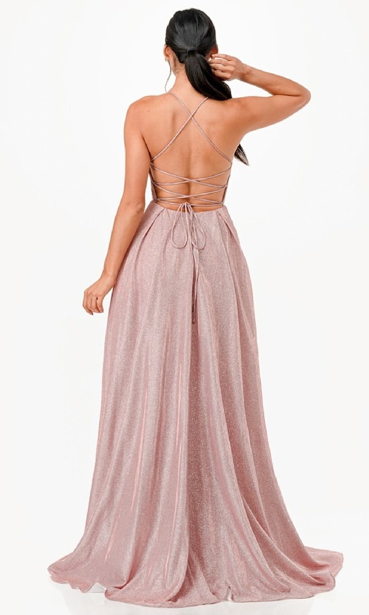 Open Back Long A-Line Glitter Prom Dress 26018