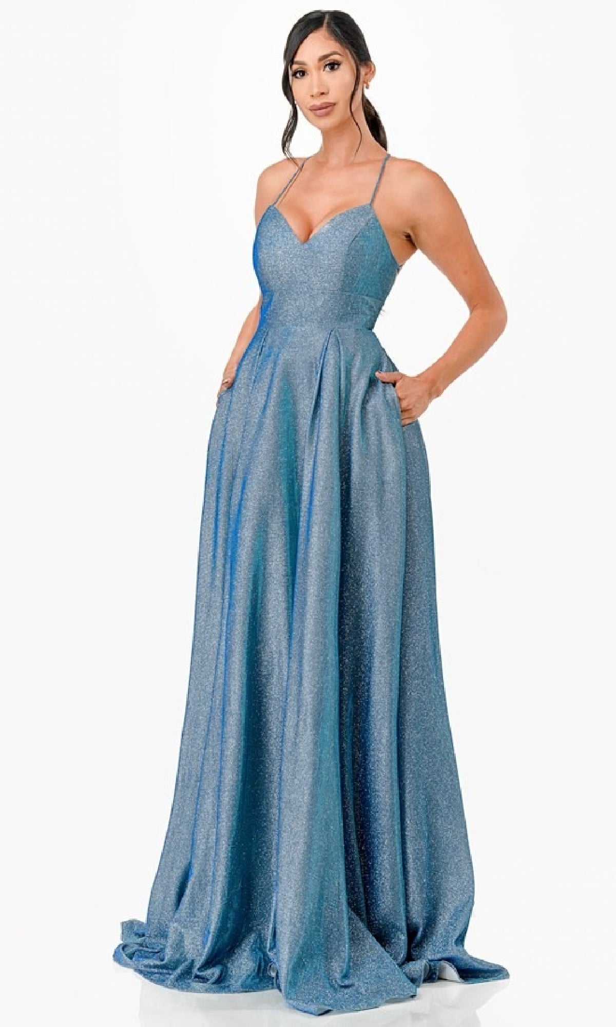 Strappy-Back Long Glitter Prom Dress with Pockets Lavender / Small Strappy-Back Long Glitter Prom Dress with Pockets Lavender / Small