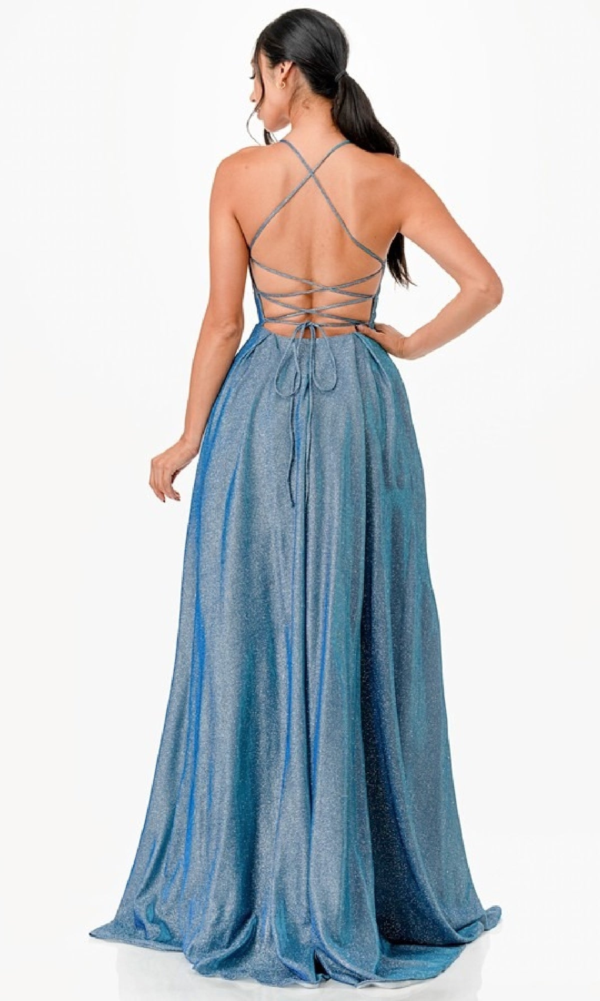 Open Back Long A-Line Glitter Prom Dress 26018