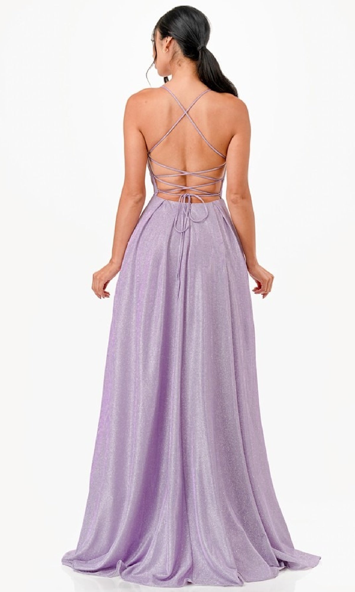 lavender semi formal dresses Strappy-Back Long Glitter Prom Dress with Pockets Lavender / Small