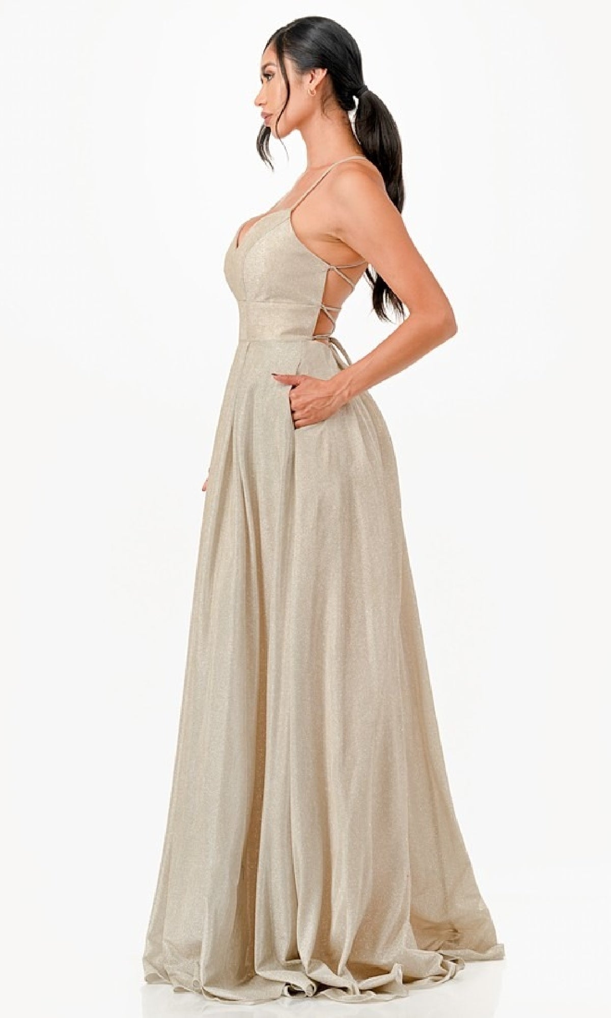 Strappy-Back Long Glitter Prom Dress with Pockets Lavender / Small