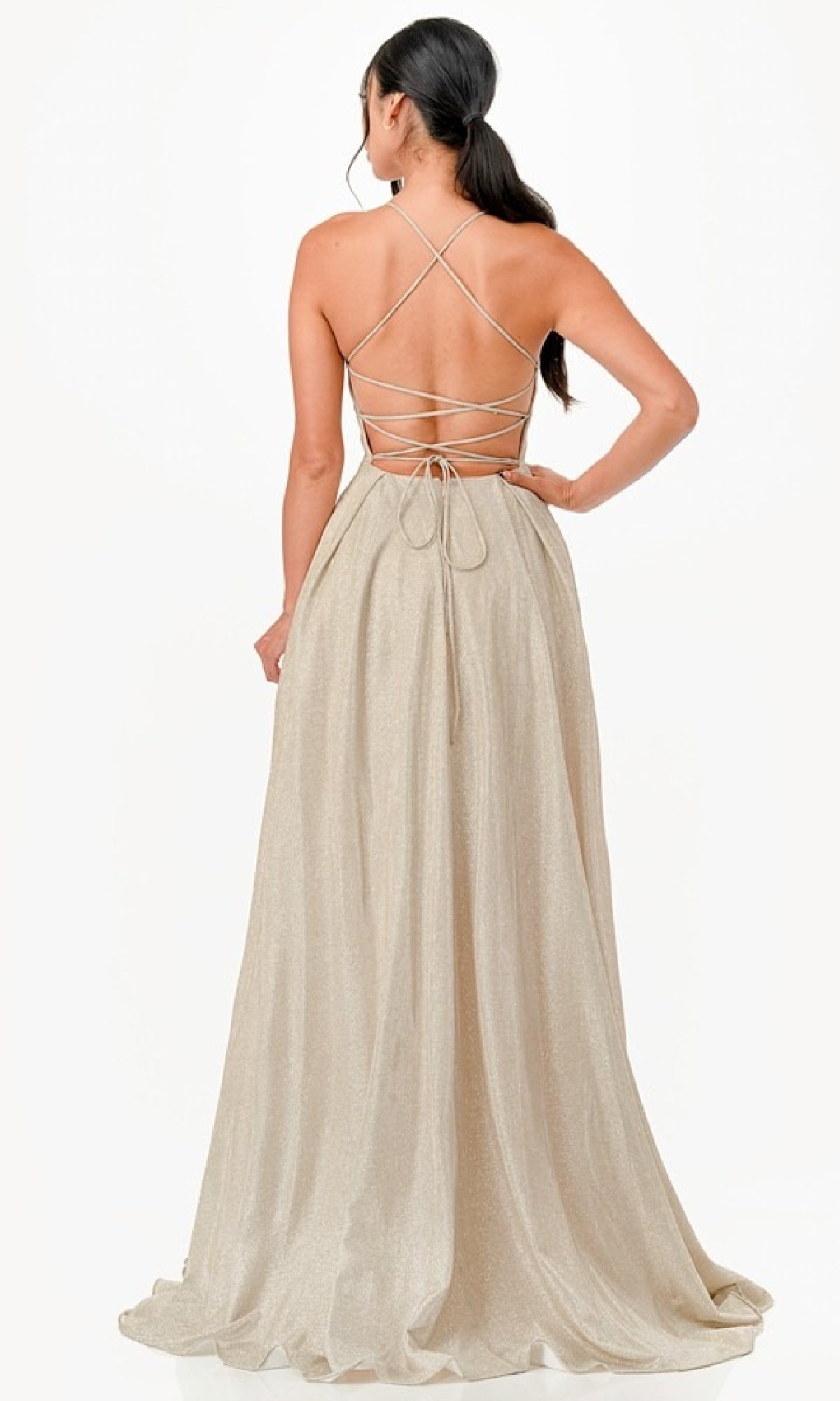 Strappy-Back Long Glitter Prom Dress with Pockets Lavender / Small