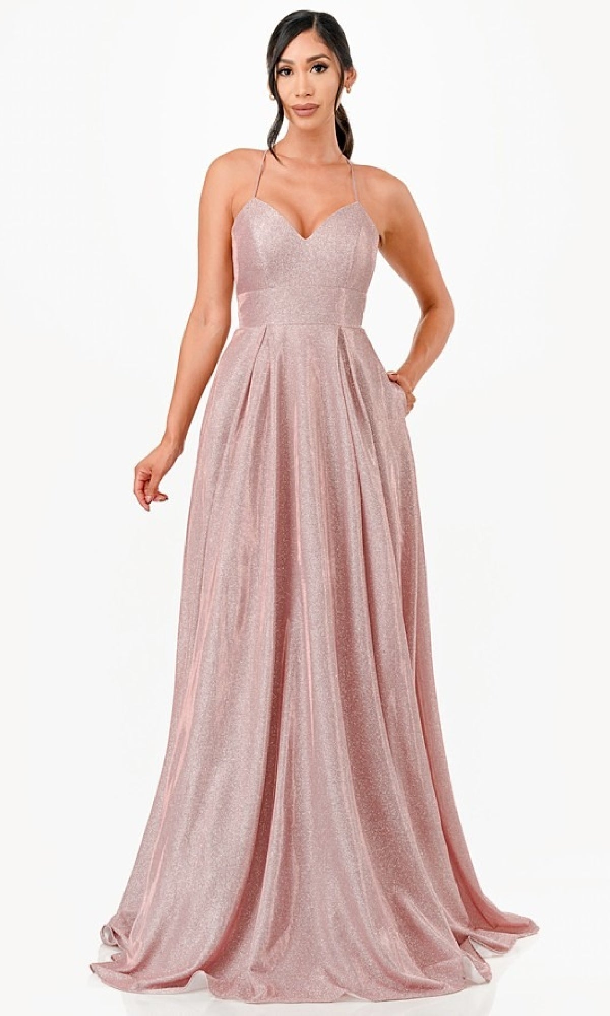 Open Back Long A-Line Glitter Prom Dress 26018