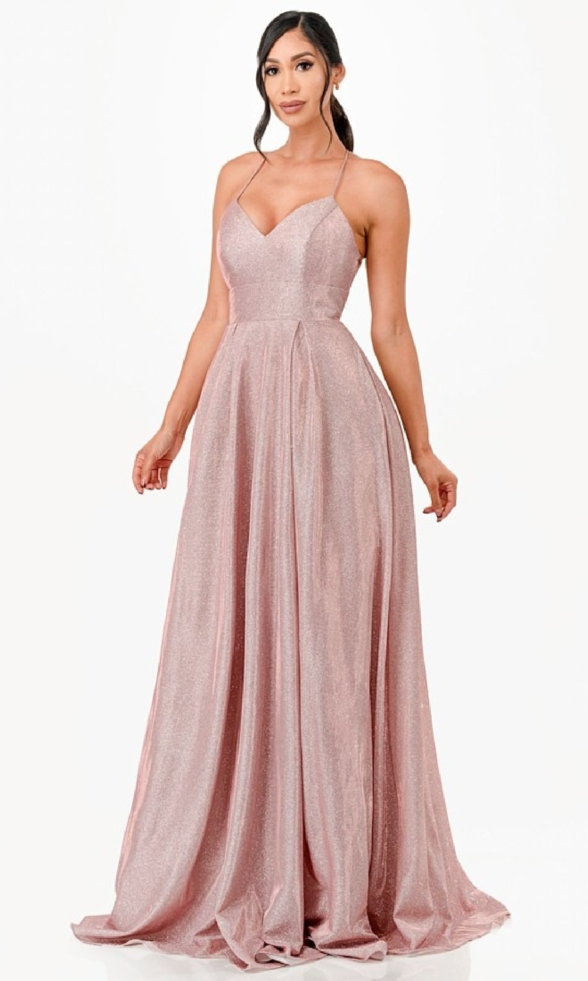 Open Back Long A-Line Glitter Prom Dress 26018