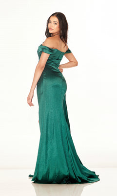 A woman stands sideways against a white background, wearing the Cecilia Couture 2604 Long Prom Dress in emerald green, featuring an off-the-shoulder style, slight train, and floor-length silhouette.