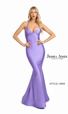Woman in a body-skimming Long Prom Dress: Jessica Angel 2606, color Lilac 2, stands with hands on hips against a white background.