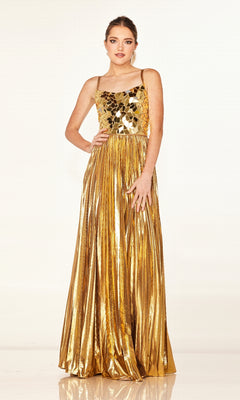 A person stands wearing the Long Prom Dress: Cecilia Couture 2609, a shiny gold gown with a fitted, embellished bodice featuring reflective mosaic-like pieces and thin straps.