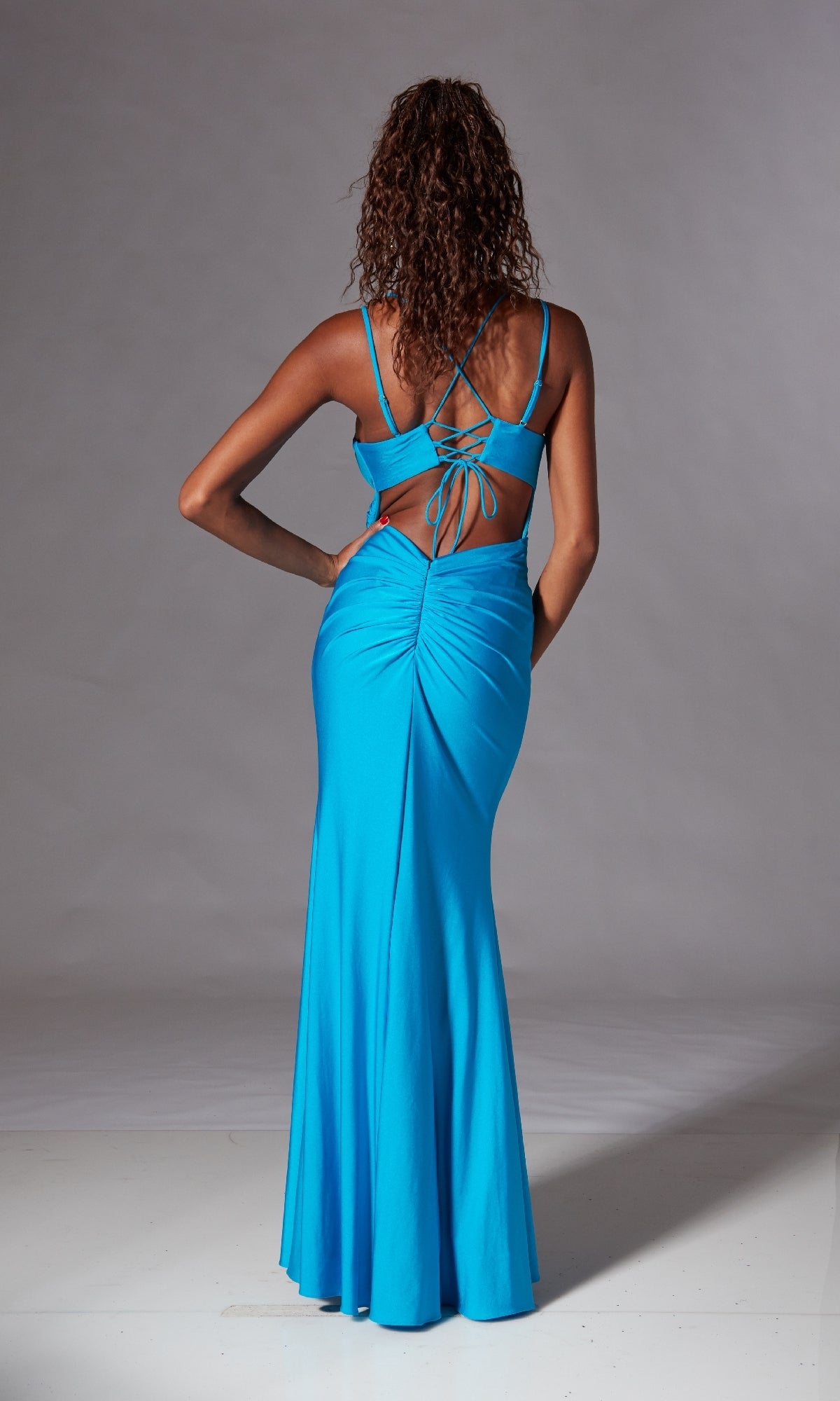 Long Prom Dress with Lace-Up Open Back Ocean / 8