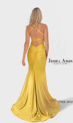 A woman in a floor-length yellow stretch satin jersey mermaid gown with a strappy open back faces away; the image shows the text "Long Prom Dress: Jessica Angel 2612.