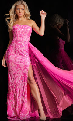 A woman poses elegantly against a black background in the Jovani Strapless Long Neon Sequin Prom Dress 26134.