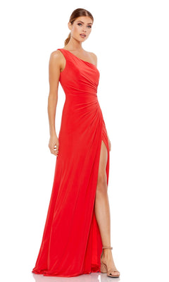 A woman in neutral heels poses against a white background, wearing the Mac Duggal 26163—an elegant one-shoulder long formal dress in bright red with a thigh-high slit.