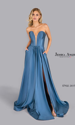 A woman models the Strapless V-Neck Prom Gown: Jessica Angel 2617—a blue satin, deep V-neck, high-slit formal evening dress with pockets—against a gray background. Text on the image reads "Jessica Angel" and "Style: 2617".