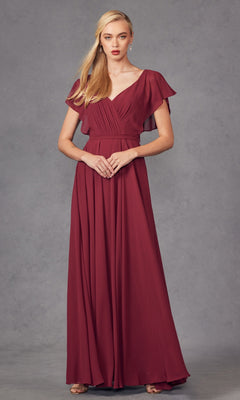 A woman wears the Flutter-Sleeve Long Formal Evening Gown 261—a floor-length, short-sleeve burgundy A-line dress with a V-neck and gathered waist—posing against a plain gray background.
