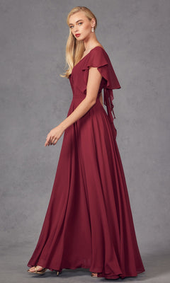 A woman with long blonde hair models the Flutter-Sleeve Long Formal Evening Gown 261, a floor-length burgundy A-line dress with short flutter sleeves and an open back, standing before a plain gray background.