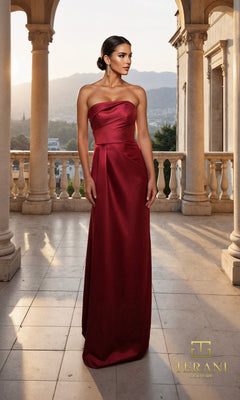 A woman in the Terani 261M6415 long formal dress stands on a stone balcony with columns and a mountain view, elegantly draped in an off-shoulder shawl.