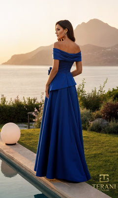 Woman in a Long Formal Dress: Terani 261M6419 stands by a pool, overlooking a scenic lake and mountains at sunset.