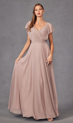 A woman models the Flutter-Sleeve Long Formal Evening Gown 261—a floor-length, mauve A-line dress with flutter sleeves and a V-neckline—against a plain gray background.