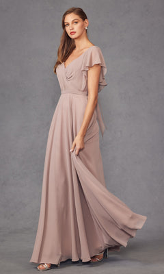 A woman in the Flutter-Sleeve Long Formal Evening Gown 261, a mauve floor-length a-line dress with flutter sleeves, stands against a gray backdrop holding her dress and wearing silver high heels.