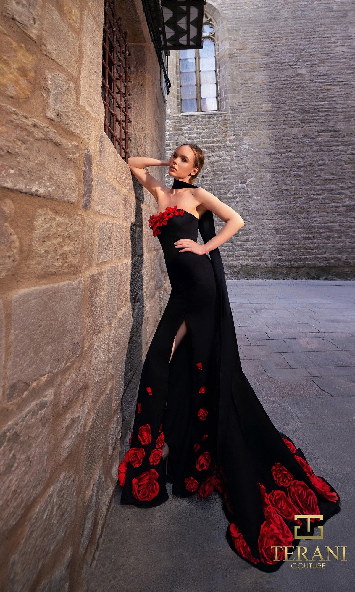 terani couture gowns & formal dresses on sale Long Dress: 261P6623 Black Red / 00 This elegant A Collection:Wedding Season Size:L / 8 Bums and Roses Formal