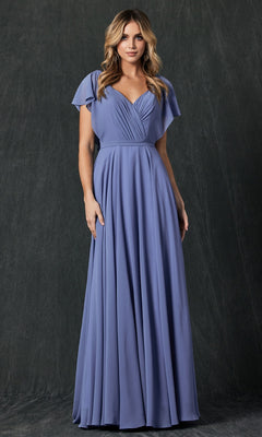 A woman stands against a dark background wearing the Flutter-Sleeve Long Formal Evening Gown 261—a floor-length, short-sleeved, light purple A-line dress with a pleated bodice and flowing skirt.
