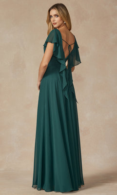 A woman wears the Flutter-Sleeve Long Formal Evening Gown 261 in dark teal, featuring flutter sleeves and a crisscross tie open back, standing against a neutral background.