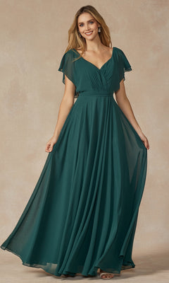 A woman models the Flutter-Sleeve Long Formal Evening Gown 261, an affordable deep green chiffon dress with short flutter sleeves and a V-neckline, standing against a beige backdrop.