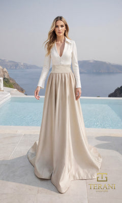 A woman stands by a pool wearing the Long Formal Dress: Terani 261E6204 in Ivory Champagne, featuring an A-line silhouette, long cream satin skirt, and fitted long-sleeve top. Mountains and water can be seen in the background.