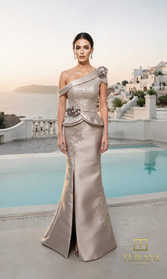 At sunset by the pool, a woman wears the Terani 261M6408?a long formal mocha Mikado gown with elegant embroidery and a front slit, perfect for mothers of the bride.