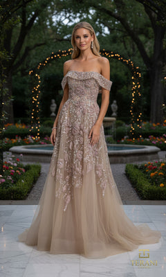 Woman in the Long Formal Dress: Terani 261M6435 poses outdoors on marble, surrounded by string lights and lush greenery.