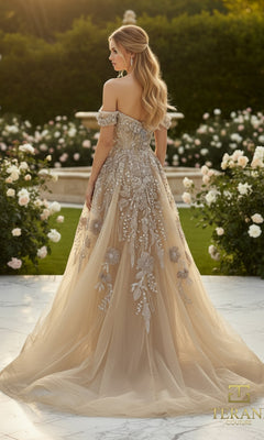 A woman in the Terani 261M6435 long formal dress stands on a marble terrace near a garden of blooming roses, facing away from the camera.