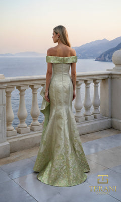 A woman in an off-the-shoulder, light green jacquard Long Formal Dress (Terani 261M6451) stands on a stone terrace overlooking the sea and distant mountains. The Terani Couture logo appears in the bottom right corner.