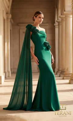 A woman stands in a classical setting wearing the Terani Couture 261M6474, a hunter green long formal dress with floral details, draped cape, and column silhouette. The Terani Couture logo is shown in the corner.