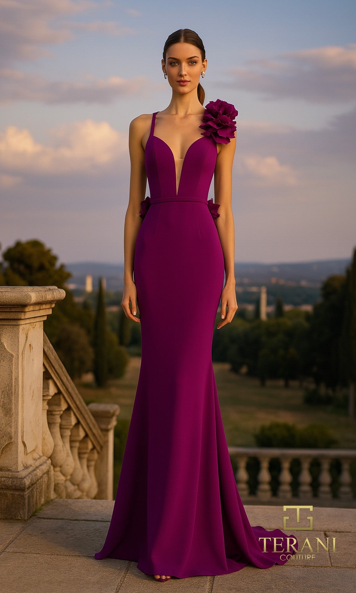 A woman stands outdoors in a violet Long Formal Dress (Terani 261P6061) featuring floor-length stretch fabric and a large flower detail on the shoulder, with trees and a scenic landscape in the background.