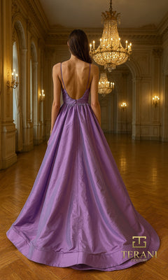 A woman in a sleeveless, floor-length Long Formal Dress: Terani 261P6172 stands in an ornate ballroom with chandeliers, facing away from the camera.