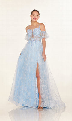 A woman wearing the Cecilia Couture 2620 long prom dress with a pastel hue, sheer corset bodice, lace details, and high slit, stands and smiles at the camera.