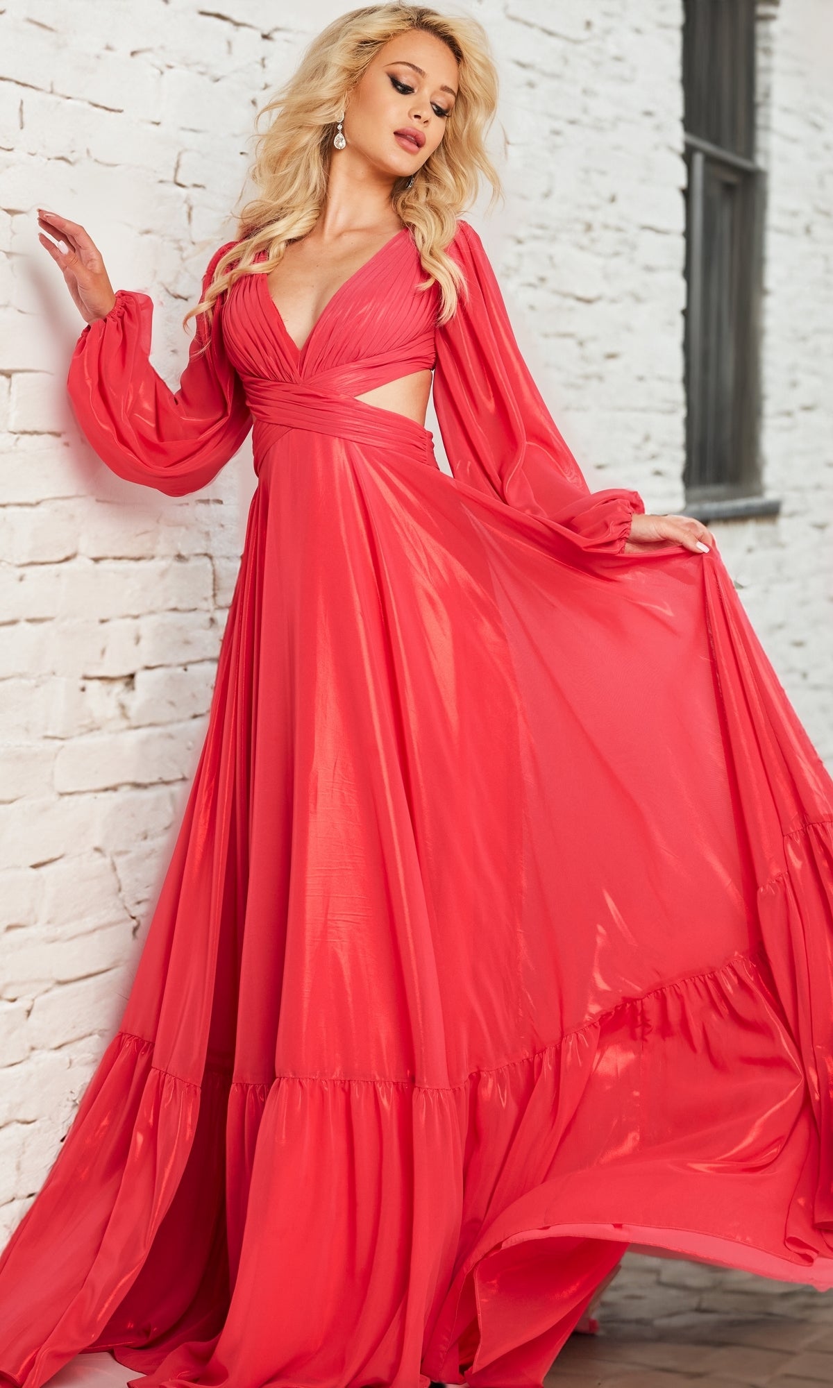 Shop Jovani Dress 26247 at PromGirl. See open-back long coral designer dresses with side cut outs and long sleeve a-line coral evening gowns with ruffles. Shop Jovani Dress 26247 at PromGirl. See open-back long coral designer dresses with side cut outs and long sleeve a-line coral evening gowns with ruffles.