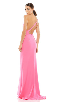 Woman in a floor-length, bright pink One-Shoulder Strappy-Back Long Formal Dress 26266, standing against a white background and looking over her shoulder.