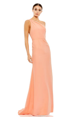 A woman stands facing forward against a plain white background, wearing the One-Shoulder Strappy-Back Long Formal Dress 26266 in a floor-length peach color.