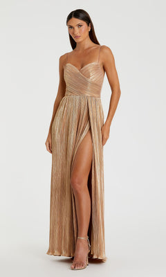 A woman models the Mac Duggal 26275 Long Gold Pleated Formal Dress, featuring a sweetheart neckline, thin straps, high slit, and shimmery gold pleated skirt—ideal for prom—against a plain white background.