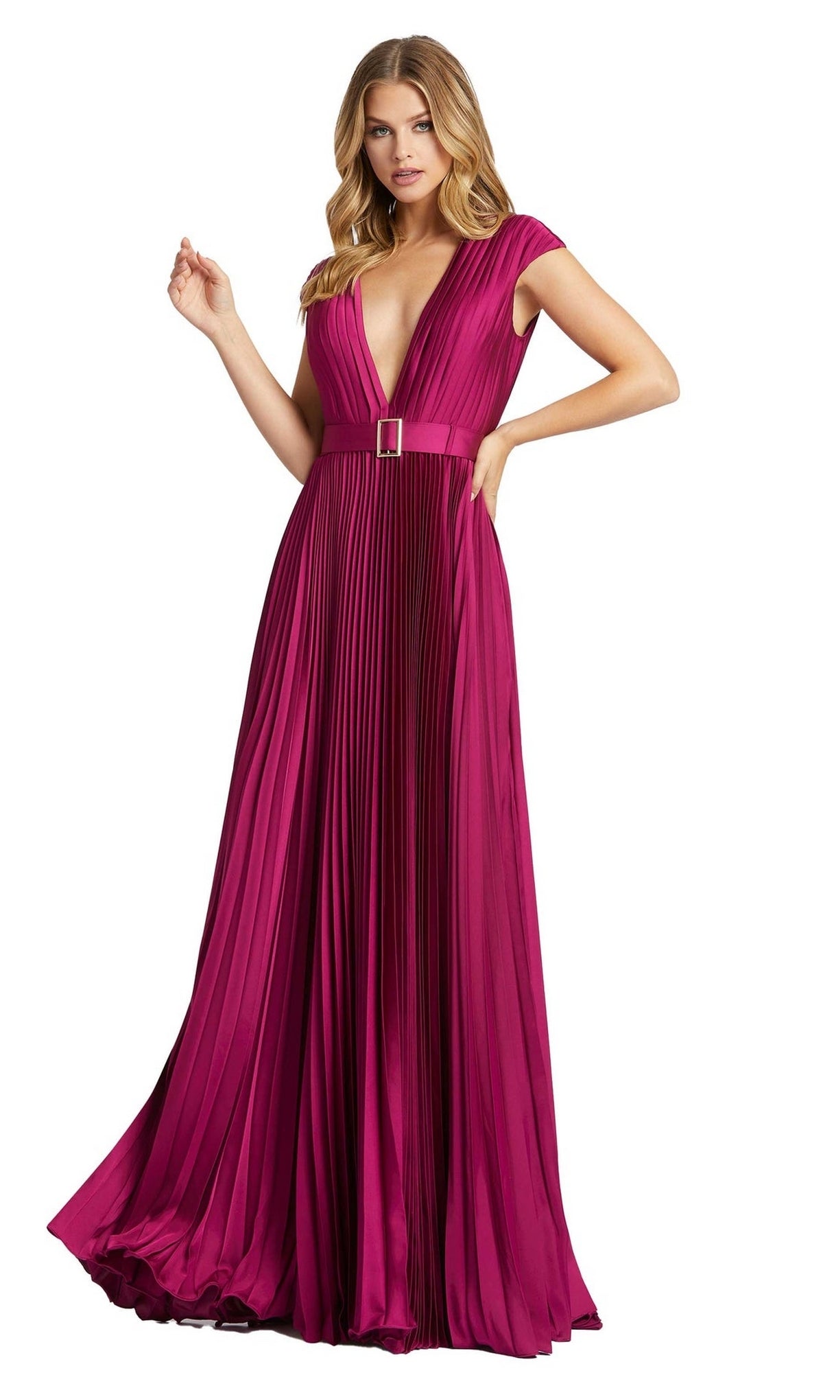 A woman wearing the Mac Duggal 26285 V-Neck Belted Pleated Formal Dress, featuring cap sleeves and a floor-length silhouette, stands against a white background—ideal for special occasions.