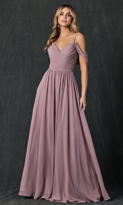 A woman models the Juliet 262 long prom dress, a mauve, floor-length A-line gown with off-the-shoulder straps, pleated bodice, and flowing skirt, posed against a dark textured background.