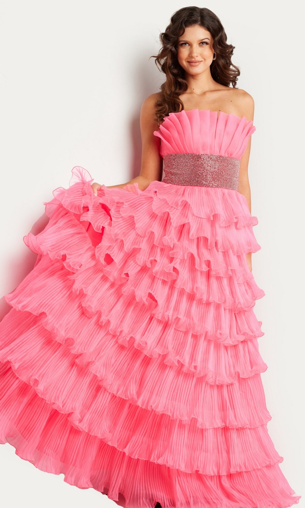 Strapless Long Ruffled Prom Dress with Beaded Belt