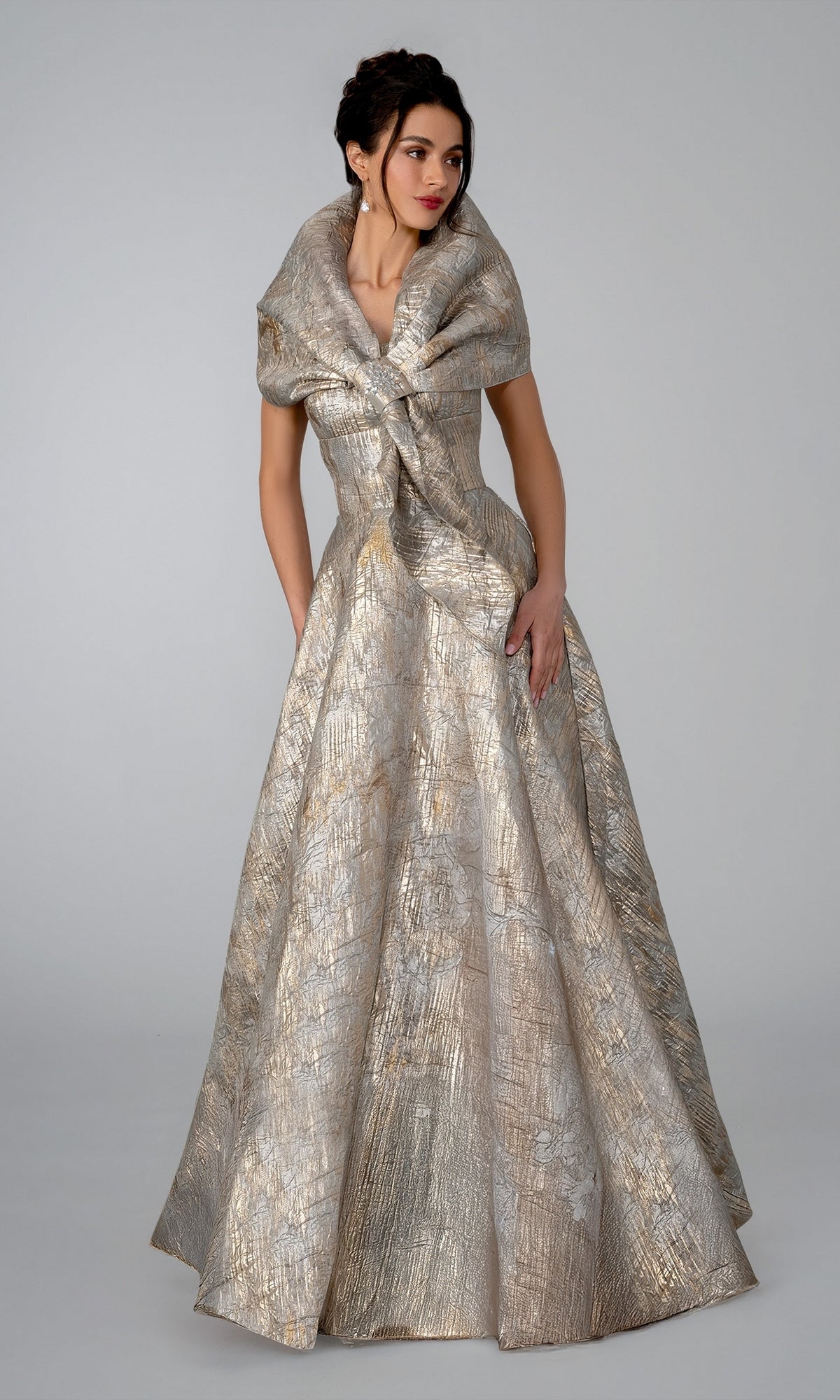 Long Formal Dress: Stella Couture 26316 featuring a metallic gold and silver strapless evening gown with a structured fold-over collar, a knotted bodice, and an A-line skirt.