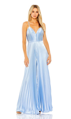 A woman stands facing forward in the Mac Duggal Pleated Wide-Leg Formal Jumpsuit 26319, featuring light blue pleats, thin straps, and a deep V-neckline.