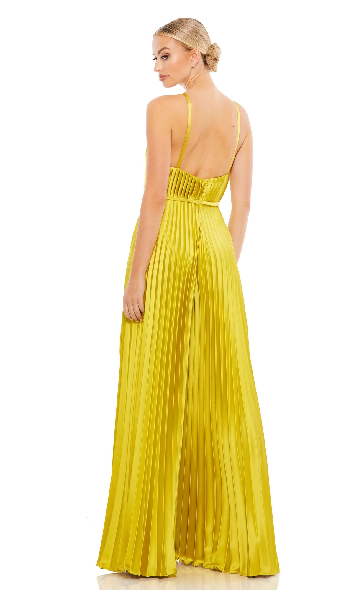 Model in the Mac Duggal Pleated Wide-Leg Formal Jumpsuit 26319—yellow, thin straps, open back—stands against a plain white background, looking over her shoulder.