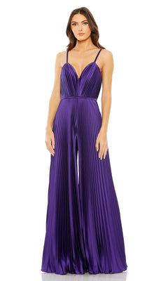 A woman wears the Mac Duggal Pleated Wide-Leg Formal Jumpsuit 26319, featuring a sleeveless design, deep purple color, thin straps, deep V-neckline, and pleated wide-leg silhouette against a white background.