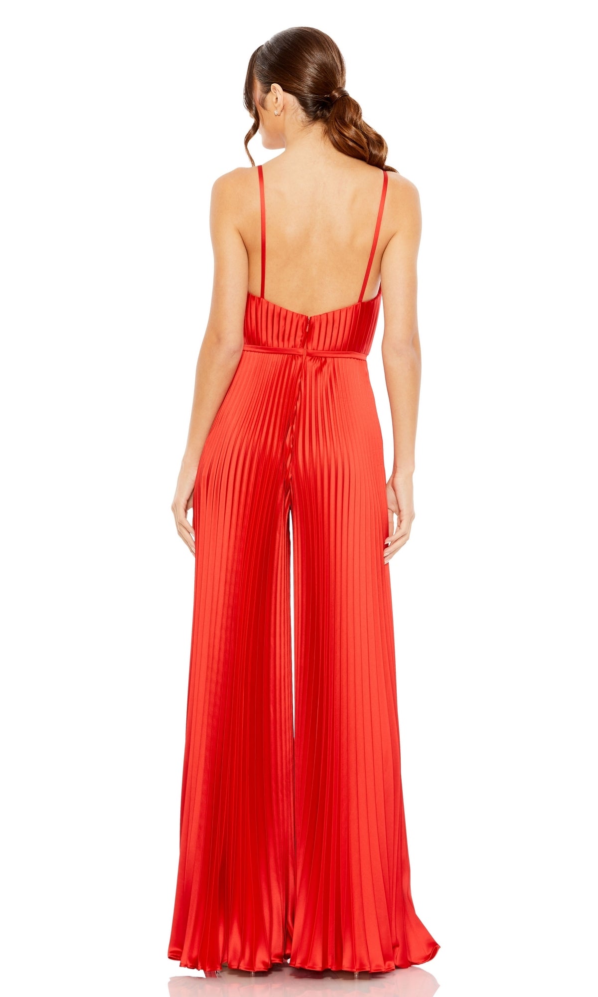 Woman stands with her back to the camera, wearing the Mac Duggal Pleated Wide-Leg Formal Jumpsuit 26319 featuring pleats, wide legs, thin straps, and a low back.