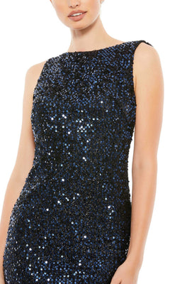 A woman models the Mac Duggal 26331 Cowl-Back Long Sequin Prom Dress, a sleeveless fitted gown in dark blue and black sequins, shown from shoulders to hips against a white background.