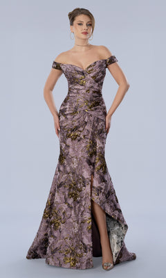 Stella Couture 26361 mauve off-the-shoulder mermaid dress with a gold floral pattern, a sweetheart neckline, and a side leg slit.
