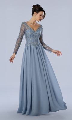 Stella Couture 26364 slate blue long formal dress with a V-neckline and intricate beaded detailing on the bodice and sleeves.